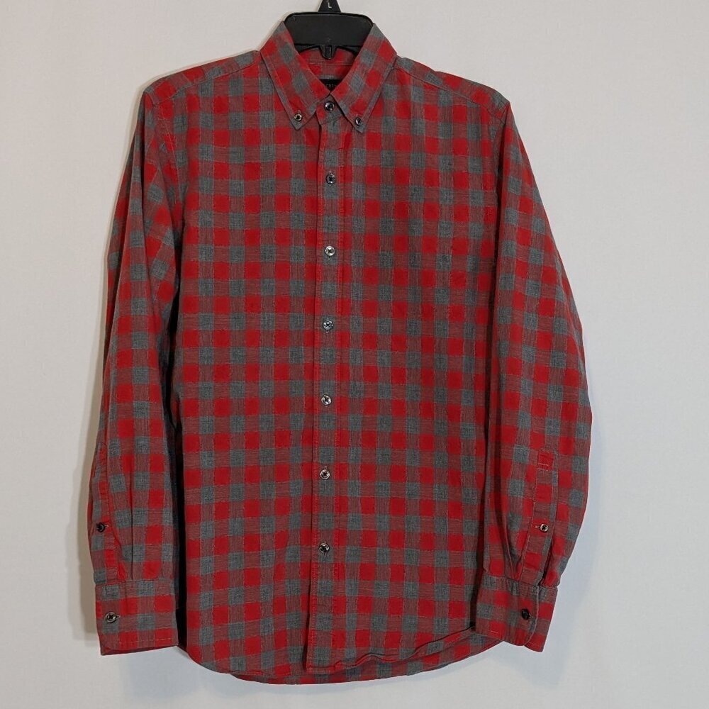 J. CREW Red/Gray Plaid Long Sleeve, Collared, Button Cotton Shirt; Size S